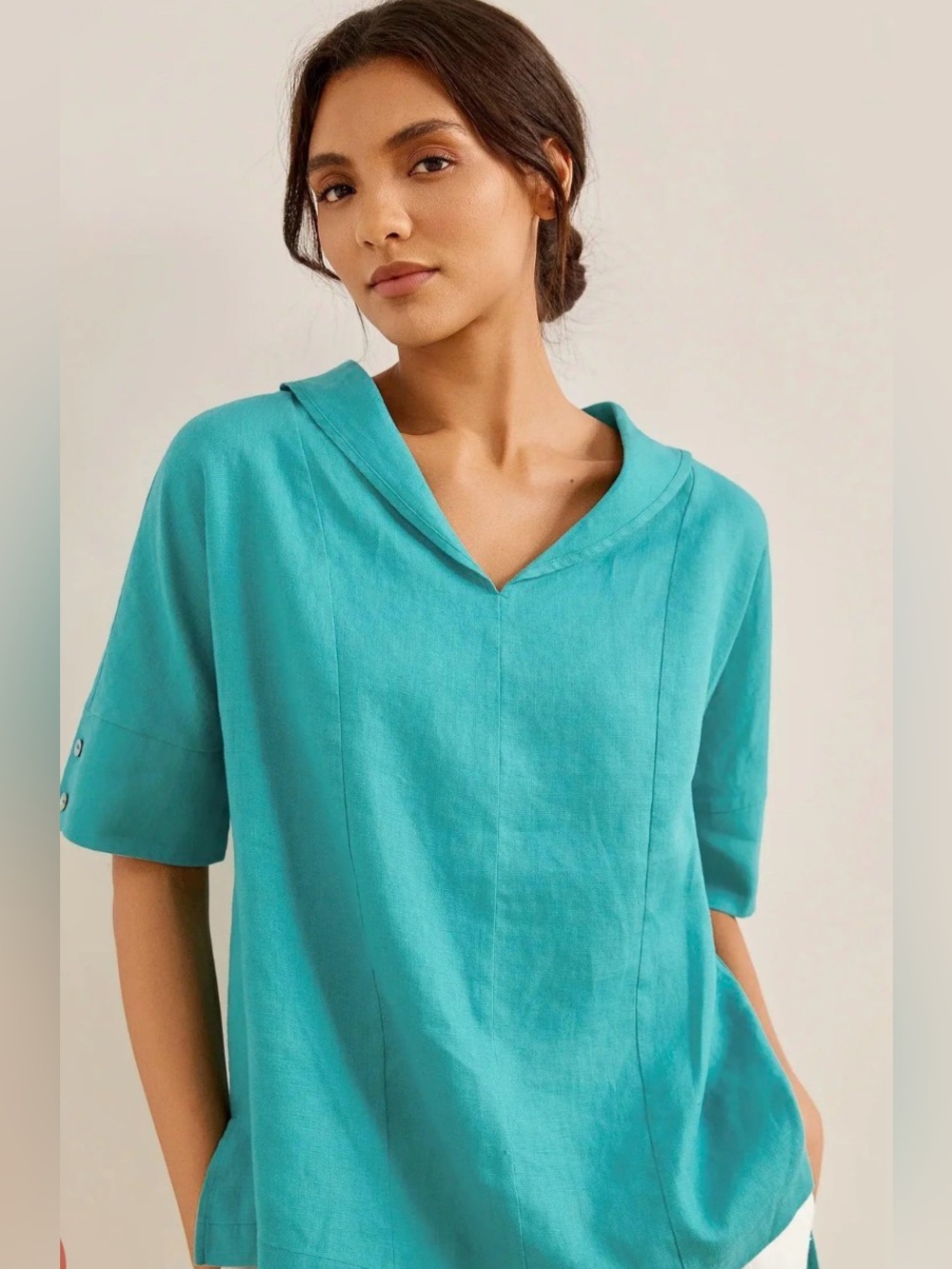 New! Lintco Turquoise Linen V-Neck Short Sleeve Top